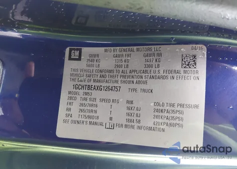 2016 Chevrolet Colorado Wt from USA, damaged, VIN 1GCHTBEAXG1264757